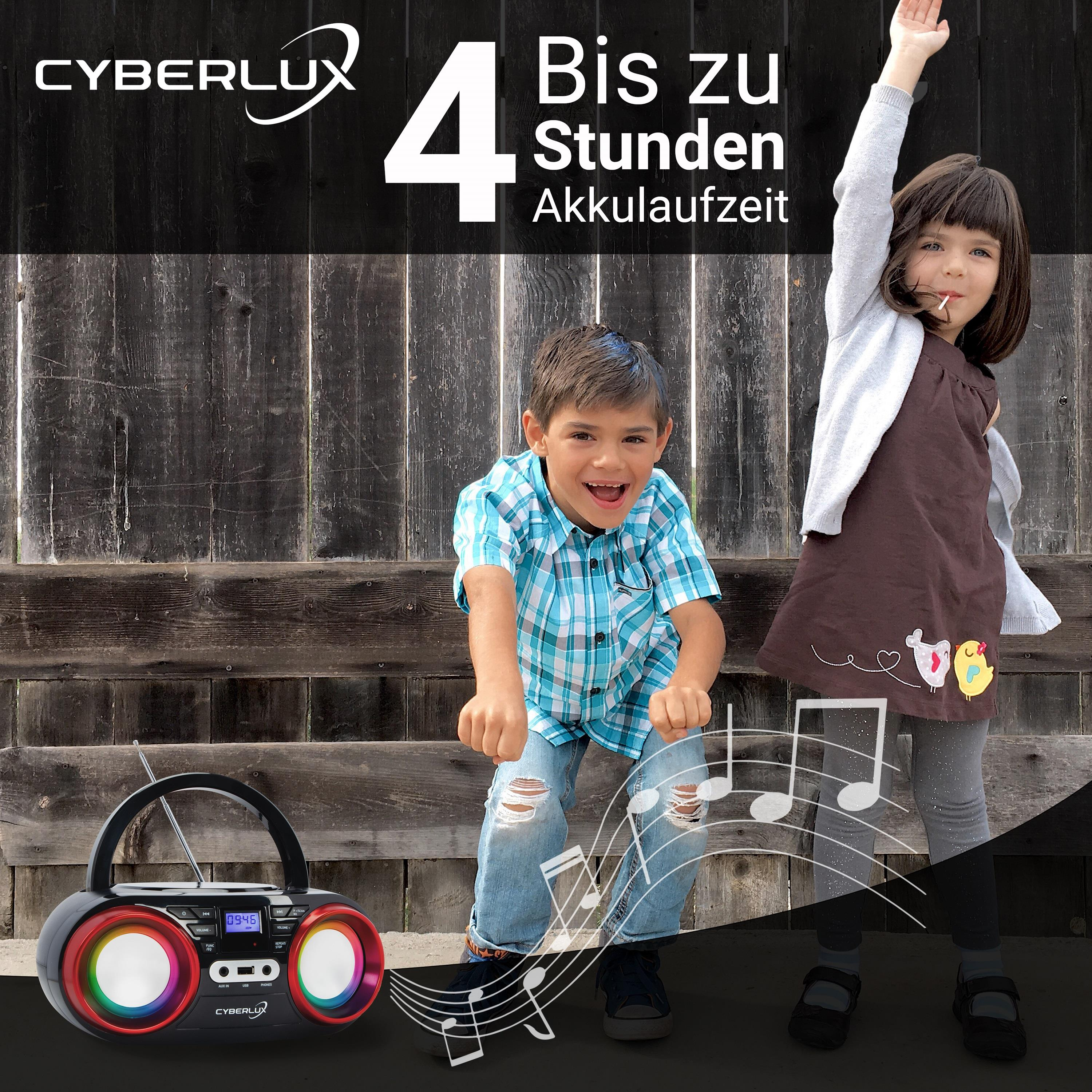 Zwei Kinder tanzen in der Nähe einer Boombox mit Musiknoten in der Luft, im Freien.