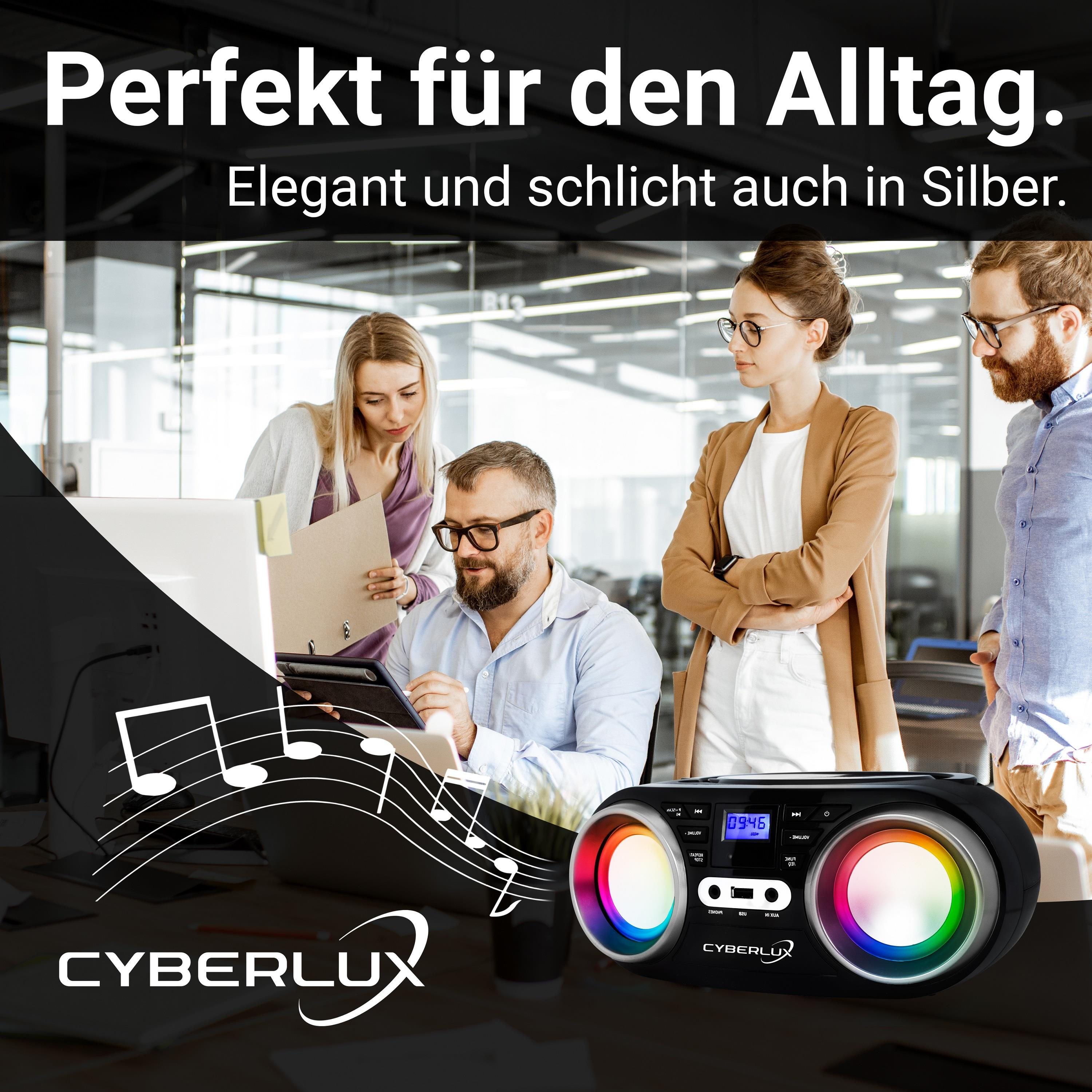 Personengruppe in einem Büro mit einem schwarzen Lautsprecher, der Musik mit Farblicht spielt.