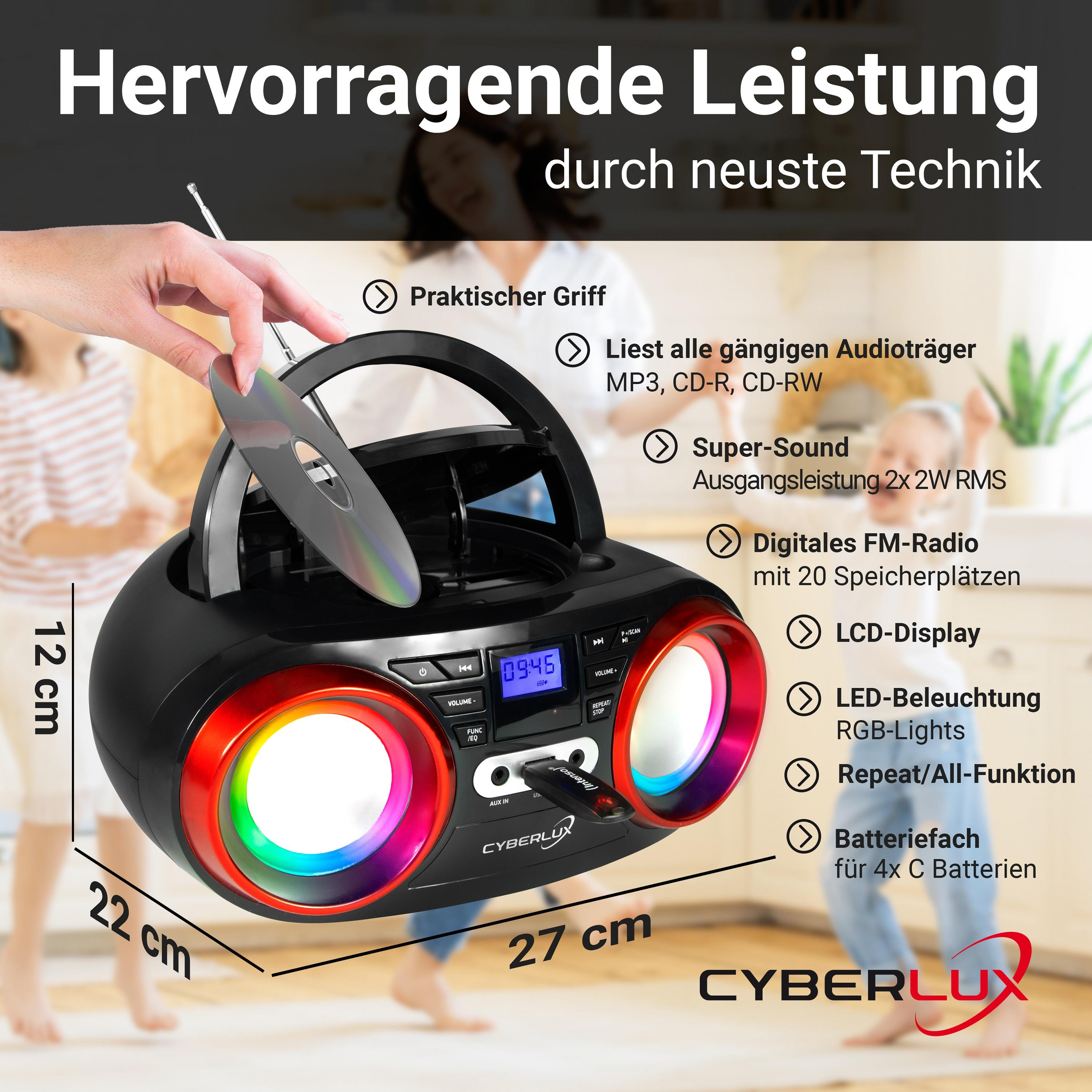 Schwarze Boombox mit CD, bunten Lichtern, Knöpfen und Maßen in cm.