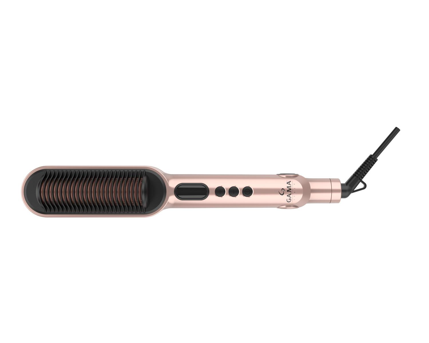 Una spazzola lisciante per capelli oro rosa con cavo di alimentazione nero, su sfondo bianco.