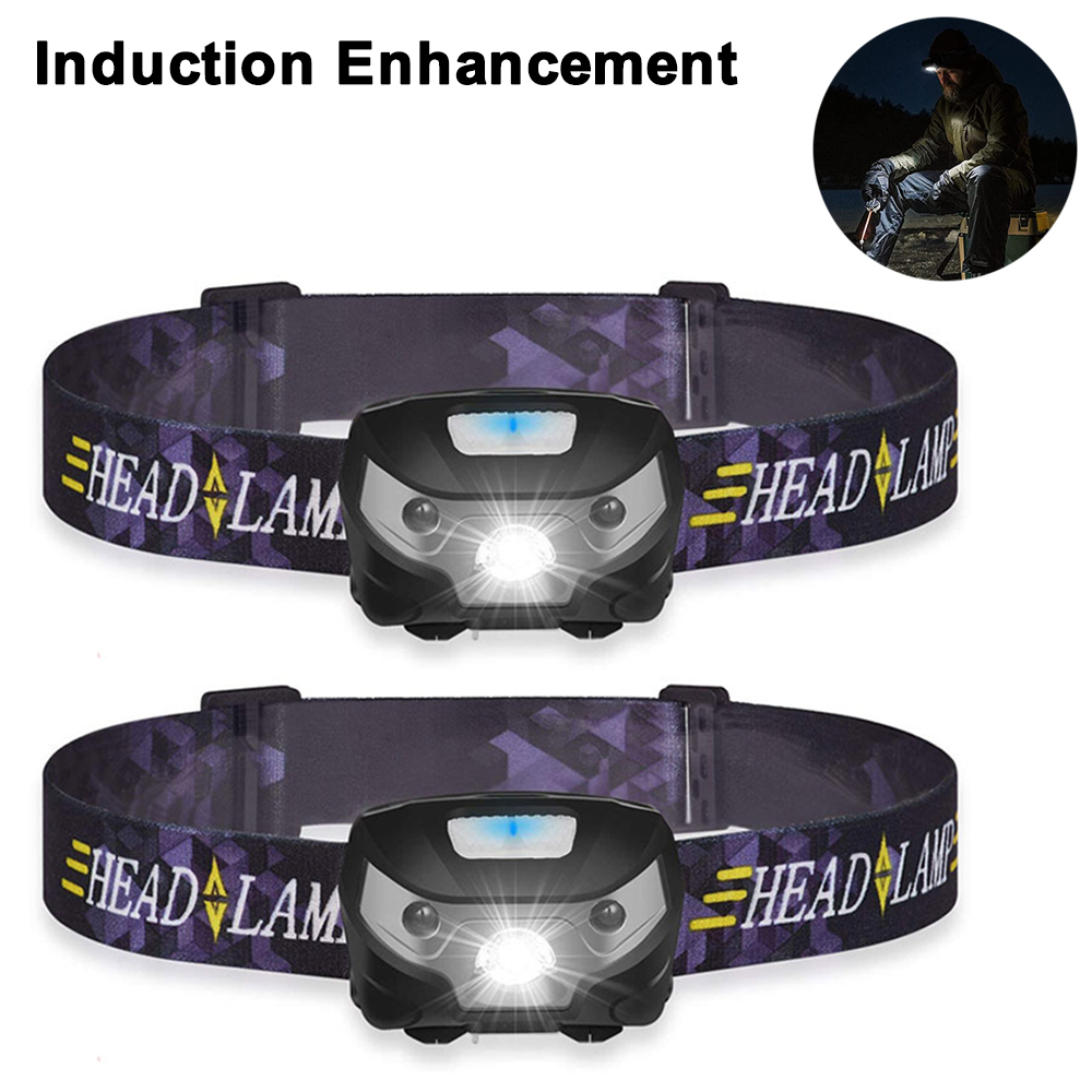 Zwei Stirnlampen. Text: Induction Enhancement. Im Hintergrund eine Person mit Stirnlampe.