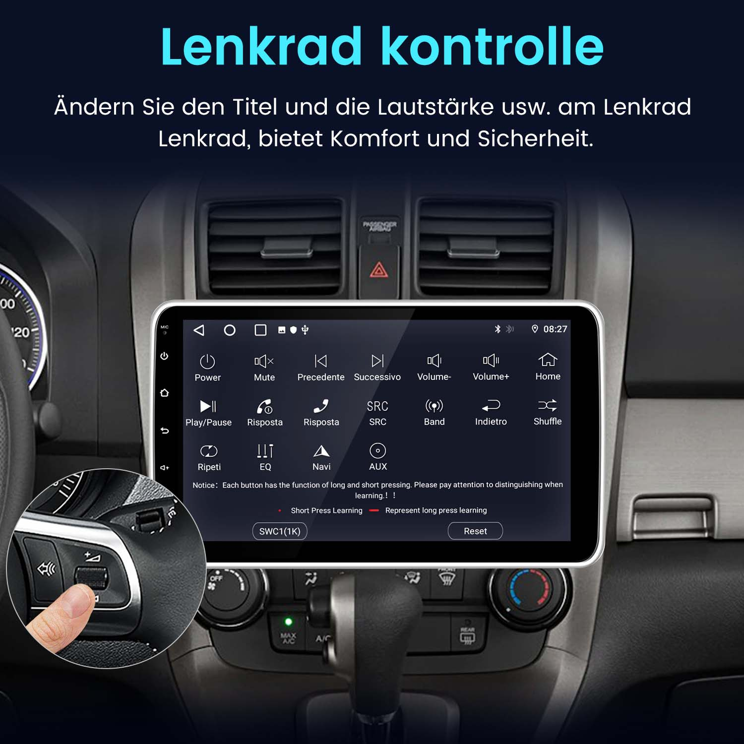 Panel de control del coche con pantalla táctil que muestra controles. Una mano toca un botón del volante.
