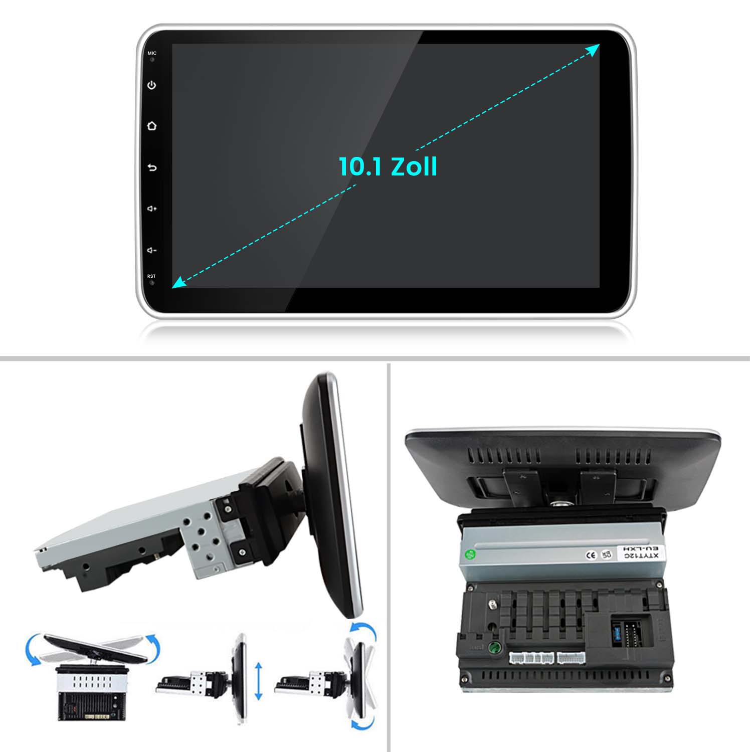 Sistema multimedia para coche, mostrando la pantalla con información de tamaño y varias vistas de instalación.
