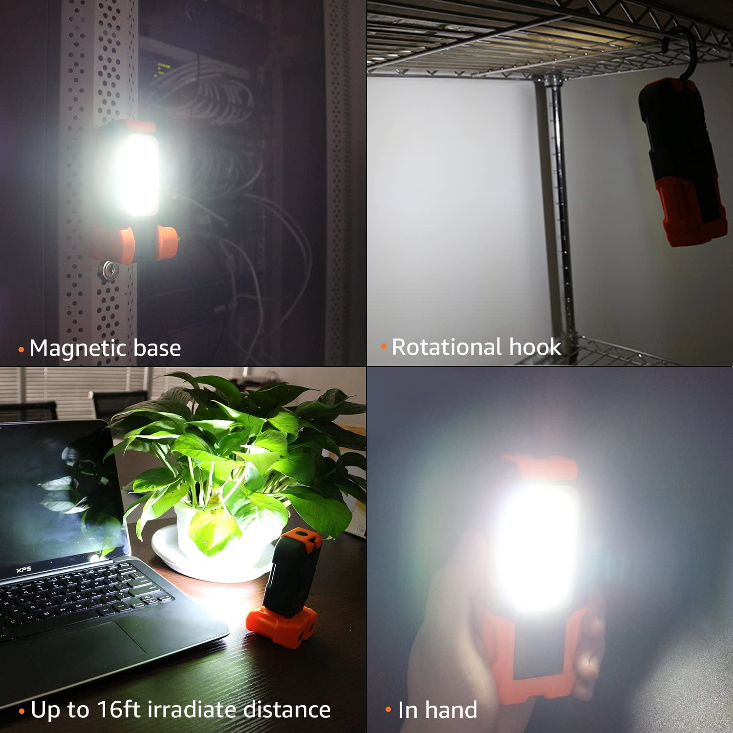 Vier Bilder, die eine Taschenlampe zeigen. Sie wird an einem Serverrack, Regal, Schreibtisch und in der Hand verwendet.