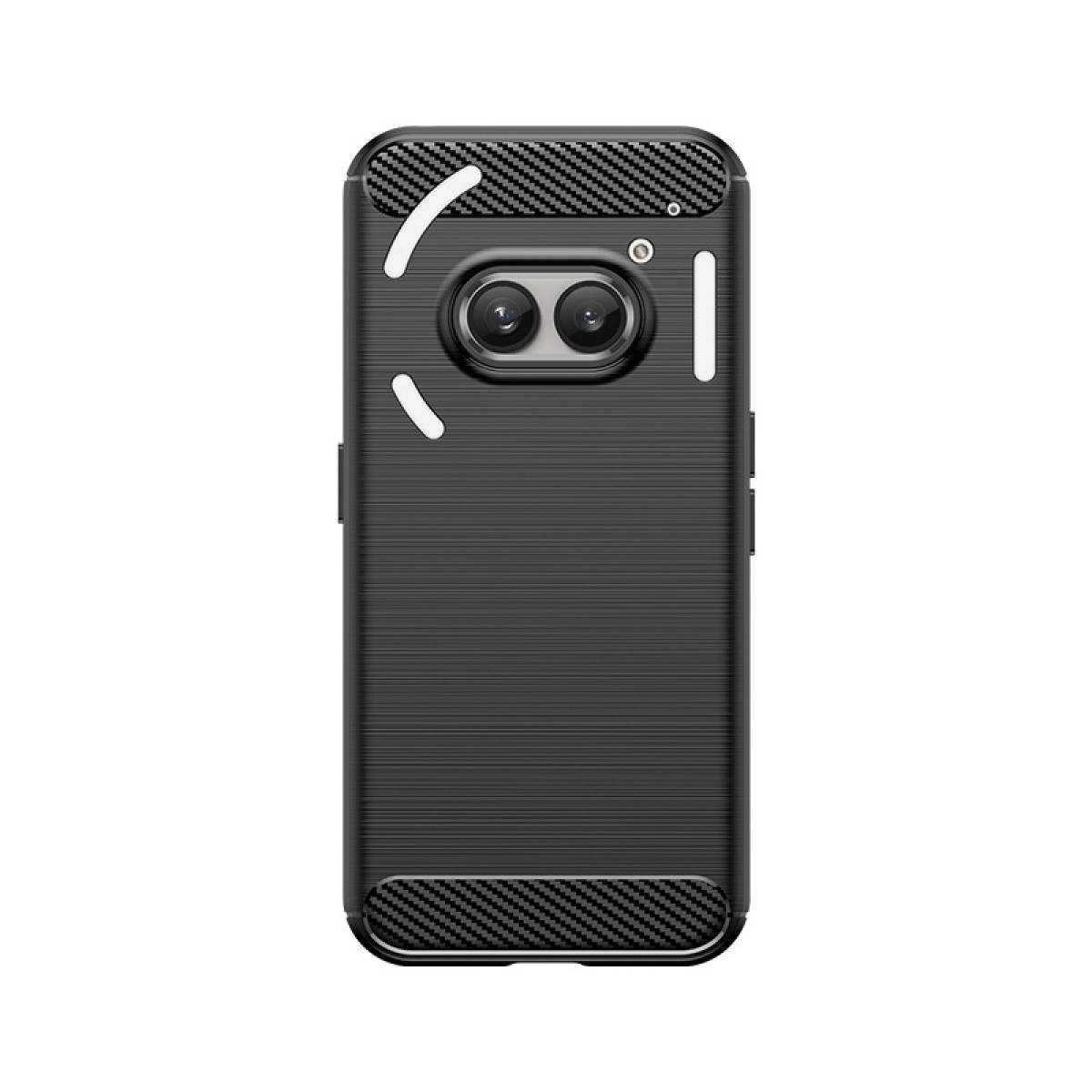 Custodia nera per telefono con design strutturato, con ritaglio per doppia fotocamera, su sfondo bianco.