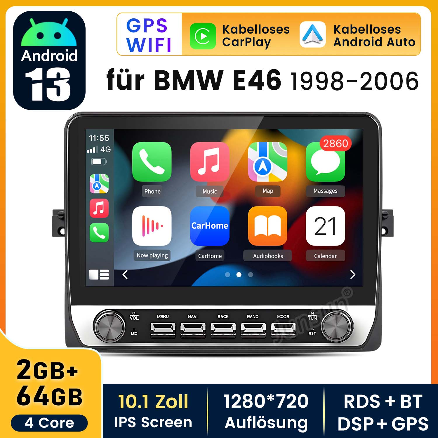 Autoradio mit Bildschirm, der App-Symbole anzeigt. Weißer Hintergrund. Text und Logos sind sichtbar.
