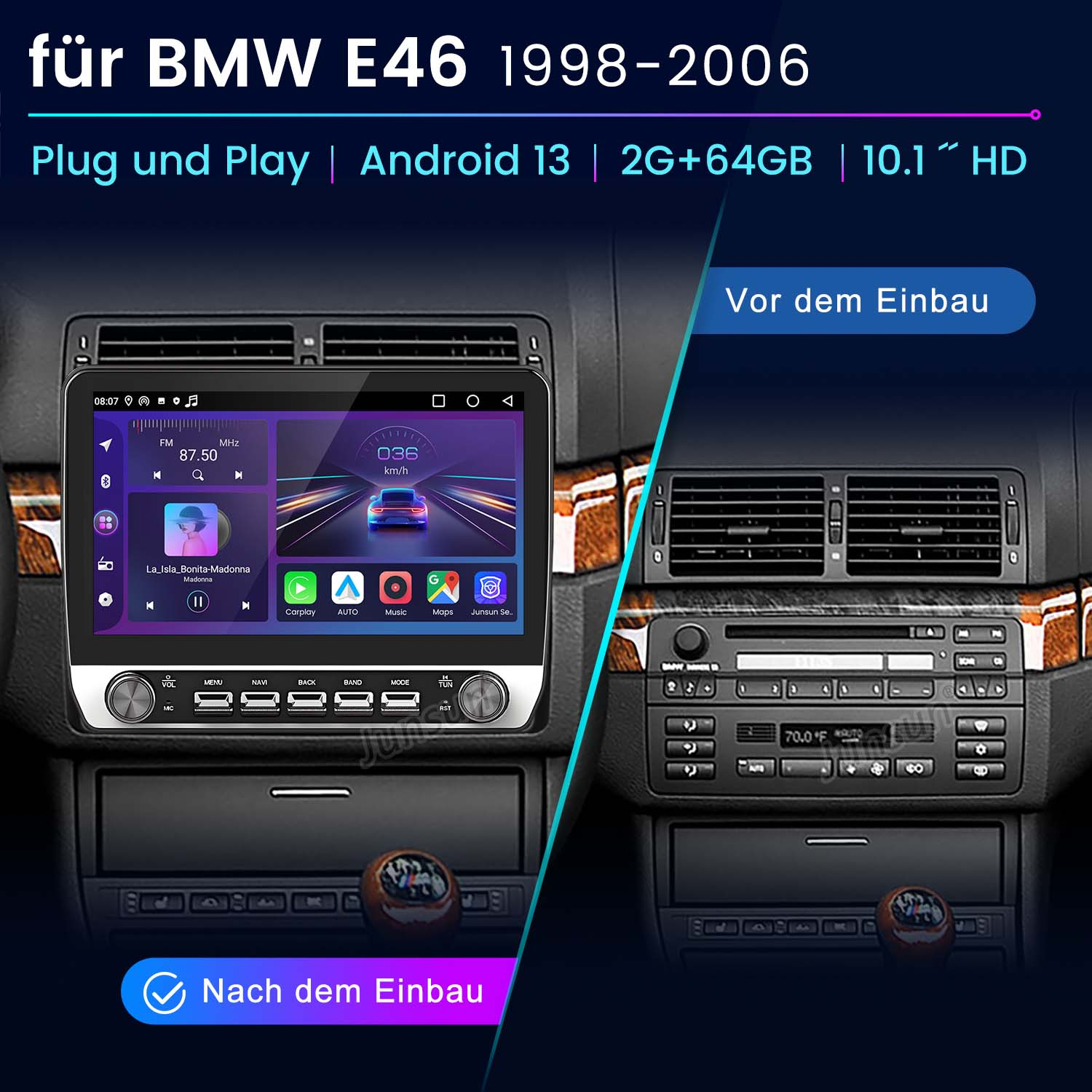 Das Armaturenbrett des Autos zeigt einen Bildschirm mit Musik und Auto-Infos. Vorher/Nachher-Vergleich des Radios.