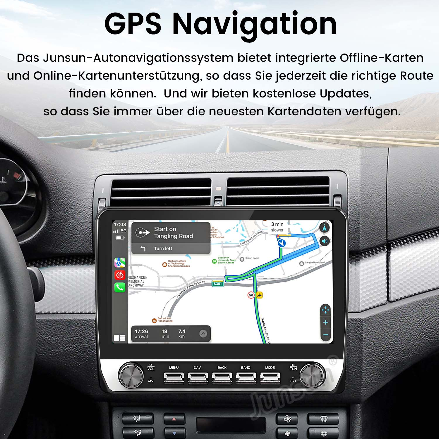 Armaturenbrett mit GPS-Bildschirm, der eine Karte anzeigt. Text weist auf Navigationsfunktionen und Updates hin.