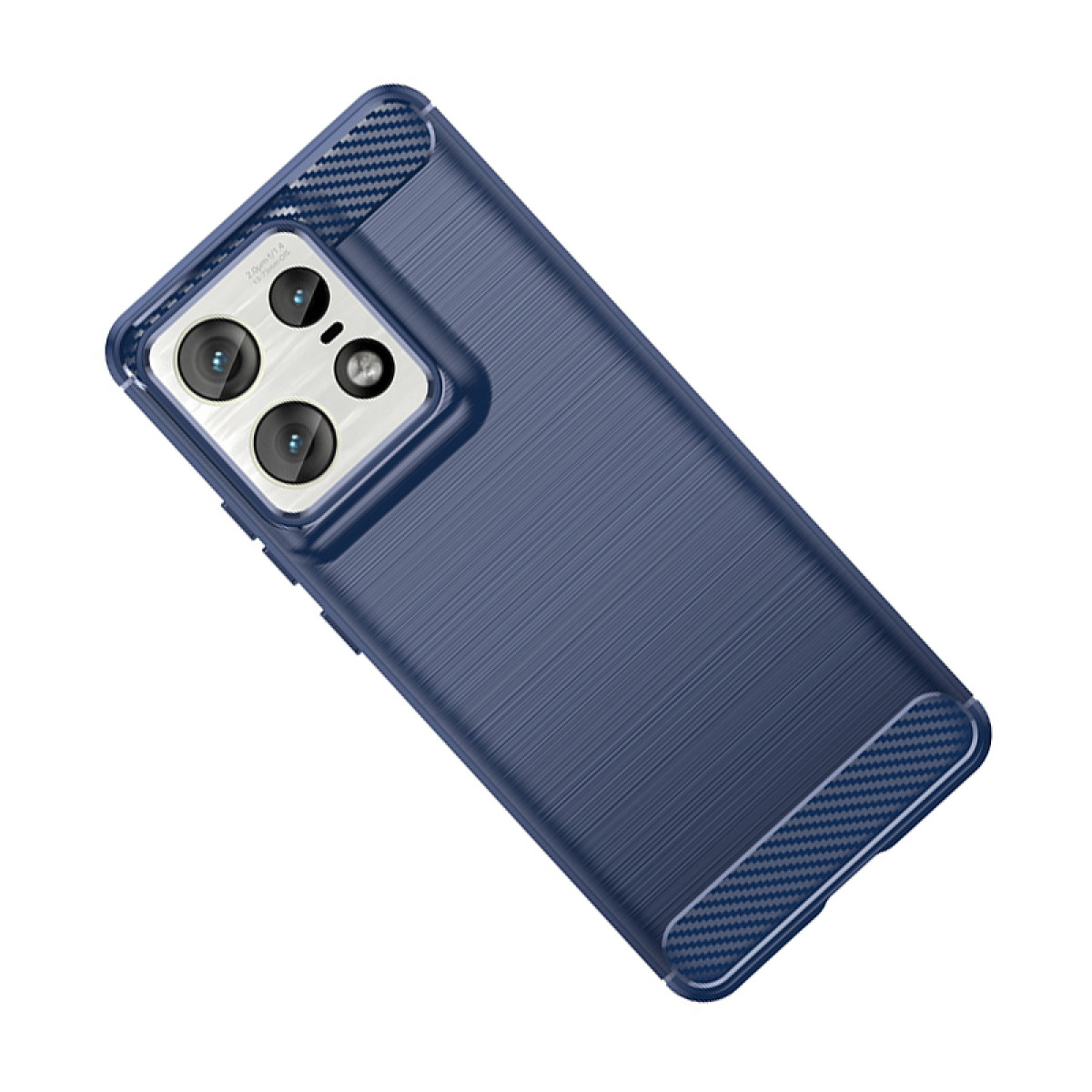 Custodia blu per telefono con modulo fotocamera e dettagli in fibra di carbonio.