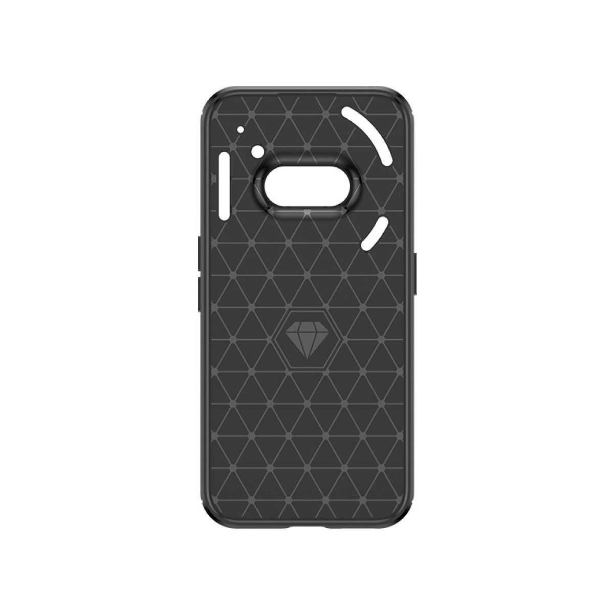 Custodia per telefono nera con design strutturato. Presenta una forma a diamante e un foro per la fotocamera.