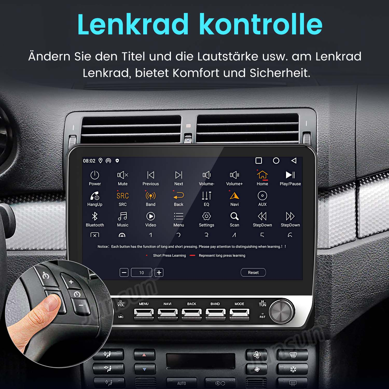 Ein Armaturenbrett mit einem Bildschirm, der Navigation und Bedienelemente am Lenkrad anzeigt.