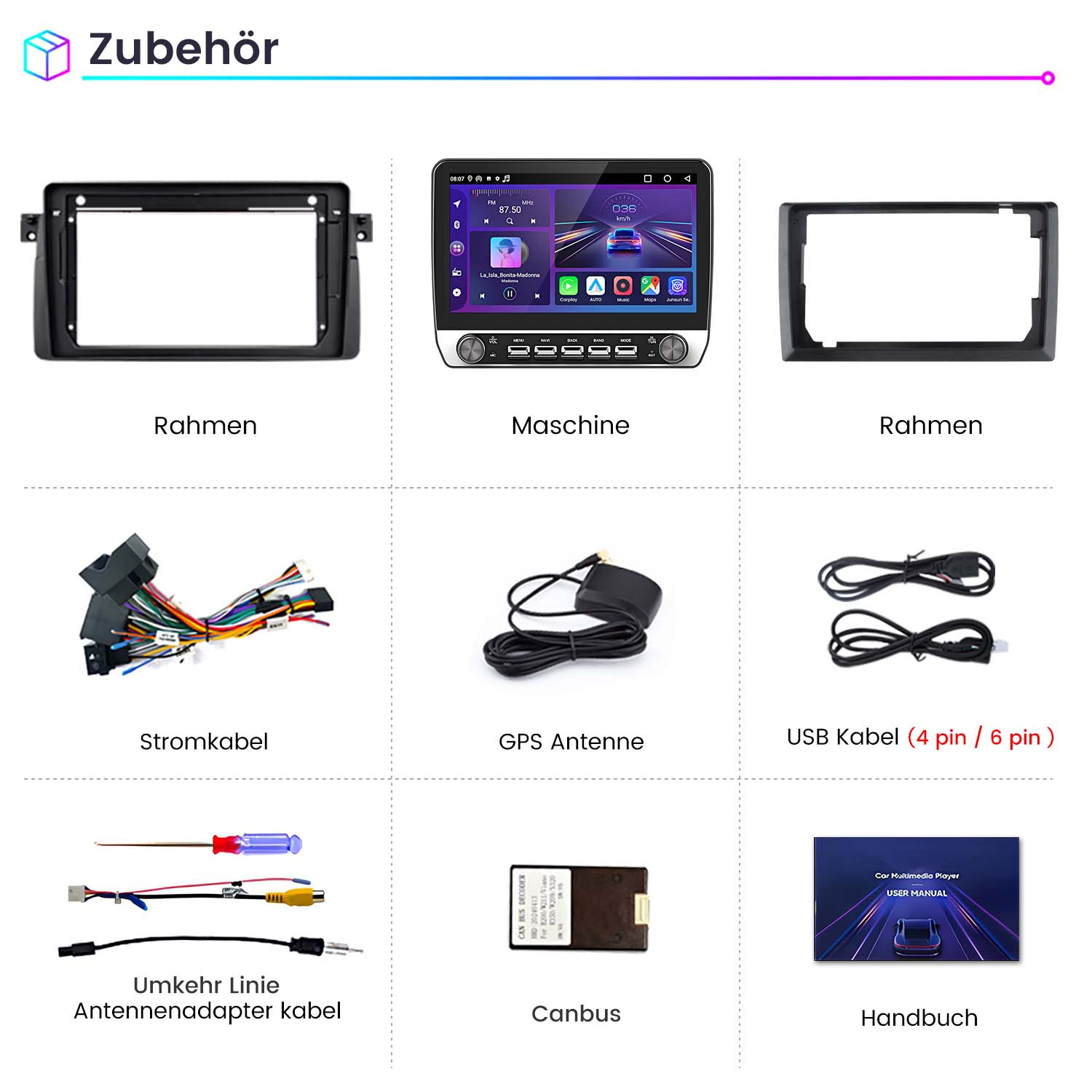 Sortiment an Car-Multimedia-Zubehör. Enthält Rahmen, Maschine, Kabel, Antenne und Handbuch. Weißer Hintergrund.