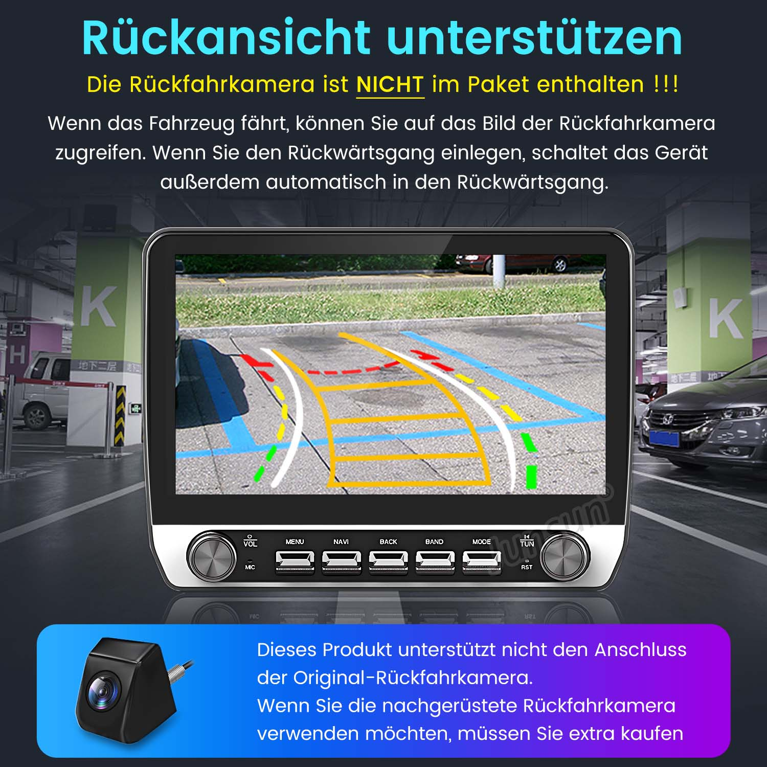 Autobildschirm mit Parkassistentenansicht, Text auf Deutsch. Eine Kamera ist in der Ecke zu sehen.