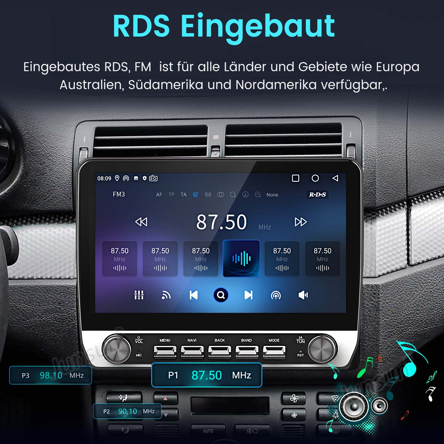 Autoradio-Bildschirm mit RDS-Anzeige. Zeigt Radioinformationen und Bedienelemente an. Text: 'RDS Eingebaut'.