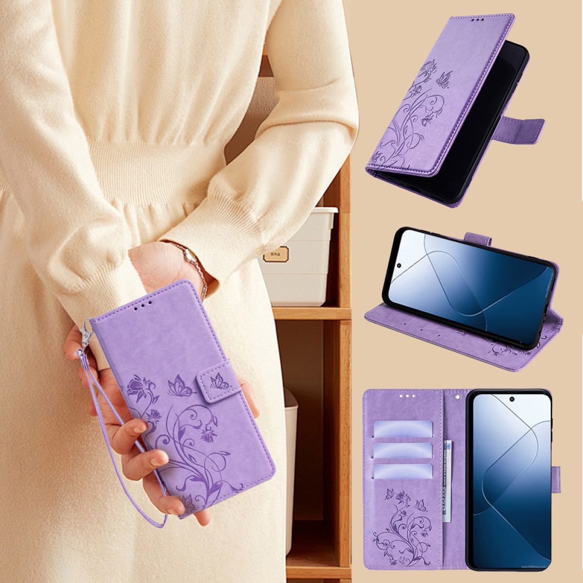 Donna che tiene custodia viola con design floreale, viste multiple.