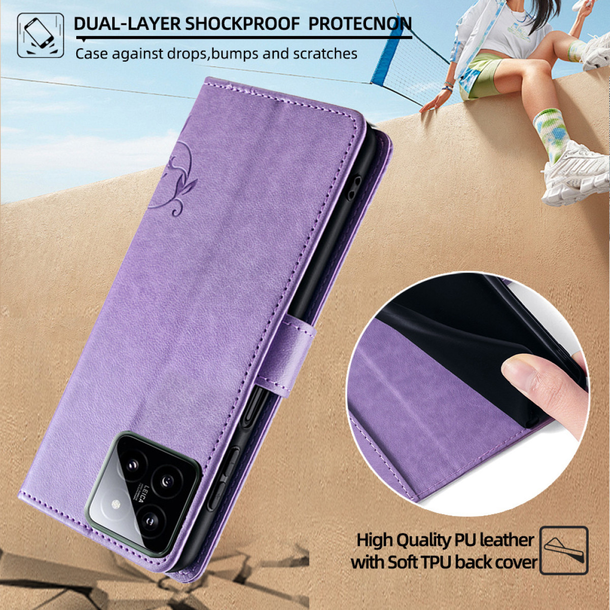 Custodia per telefono viola con telefono dentro, design floreale e testo.