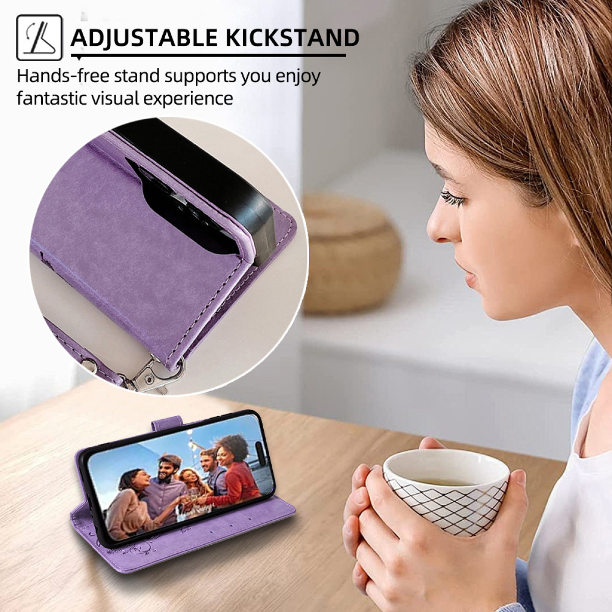 Una donna che guarda un telefono in una custodia viola con un supporto.