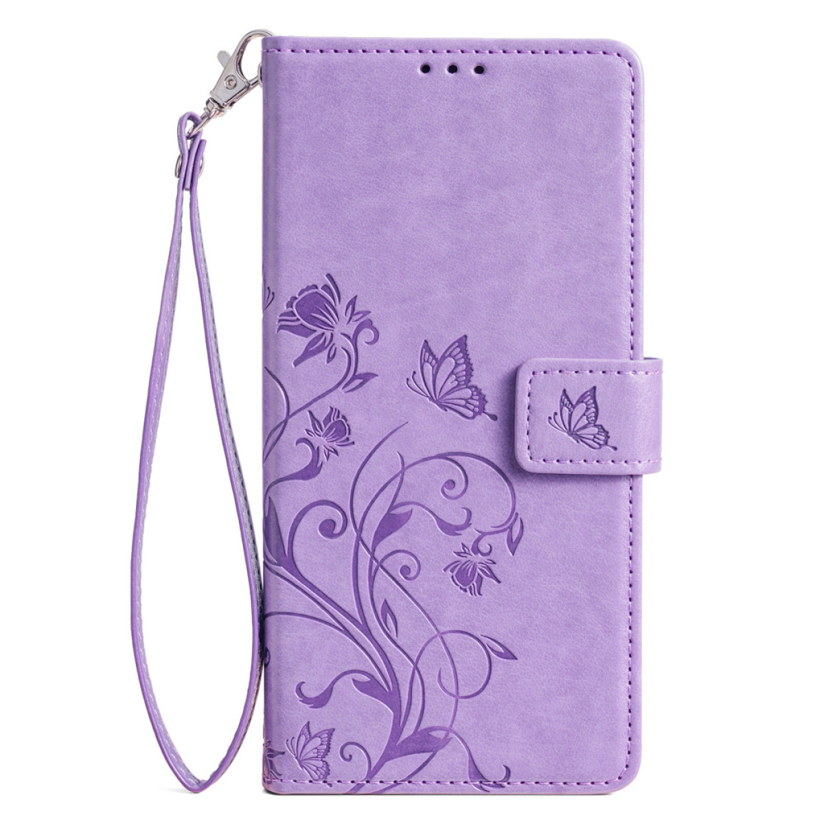 Custodia per telefono viola con design floreale e farfalle, chiusa. Ha un cinturino.