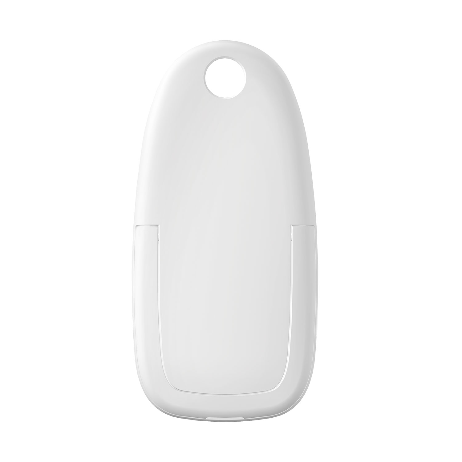 Ein weißer, oval geformter, wandmontierter Fernbedienungshalter mit einem Loch oben.