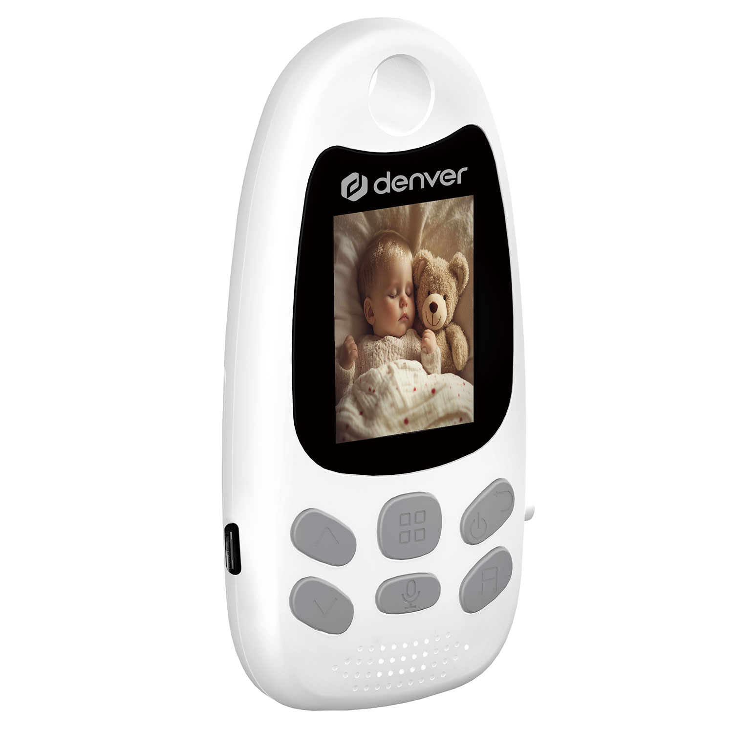 Weißer Babyphone mit Bildschirm, der ein schlafendes Baby mit Teddybär zeigt.