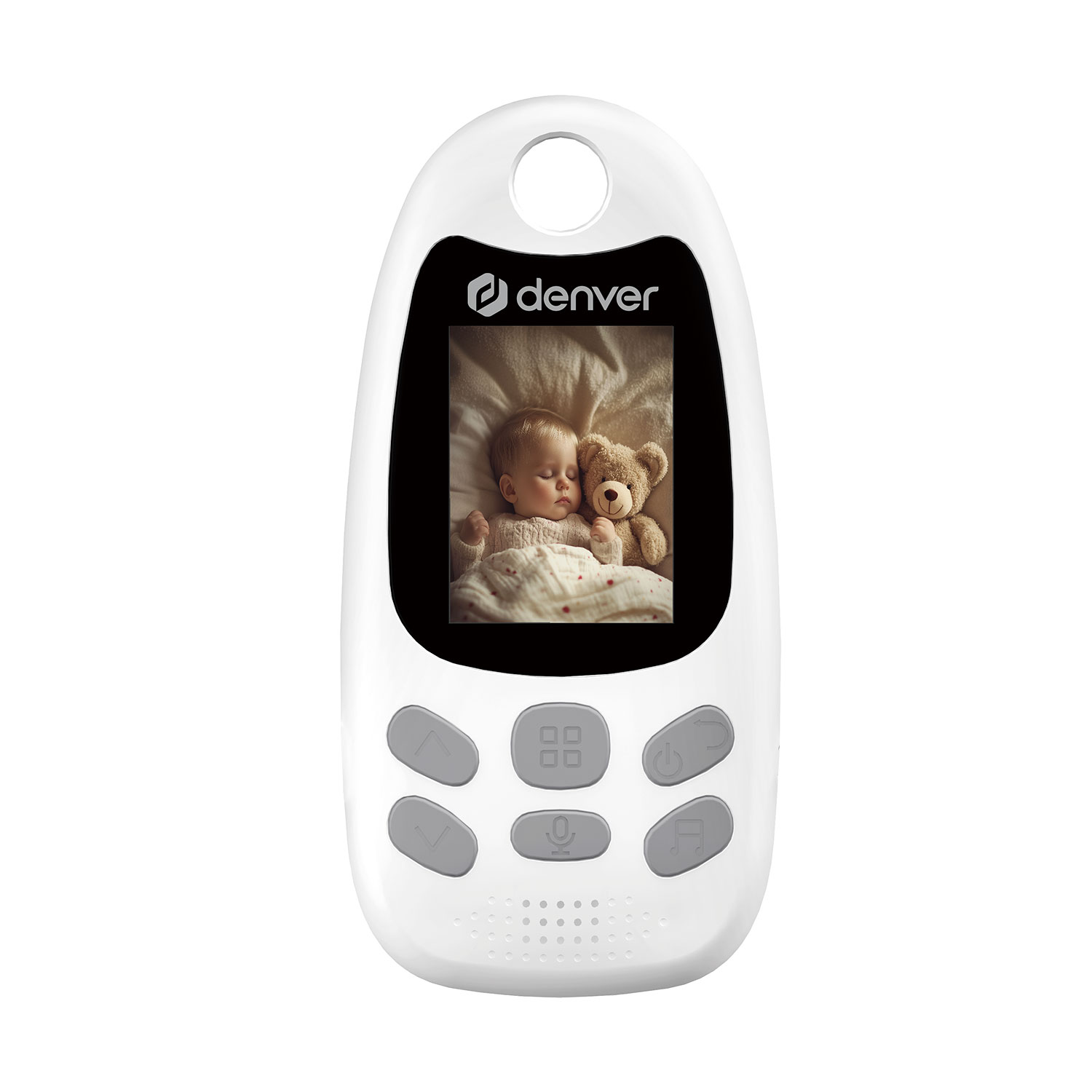Ein Babyphone, das ein Baby zeigt, das mit einem Teddybären schläft. Es hat Knöpfe und ist weiß.