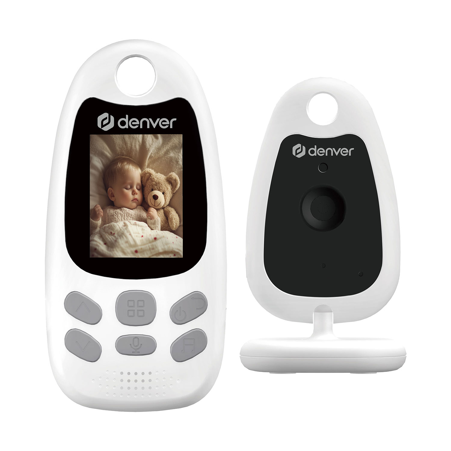 Ein weißer Babyphone mit einem Display, das ein schlafendes Baby und eine Kameraeinheit zeigt.