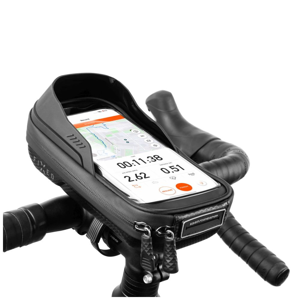 Fahrrad-Telefonhalterung am Lenker mit Telefon, das Kartendaten anzeigt.