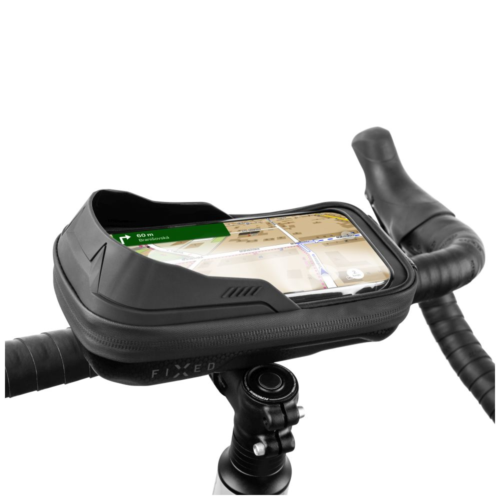 Eine schwarze Telefonhalterung, die an einem Fahrradlenker montiert ist und eine Karte anzeigt.