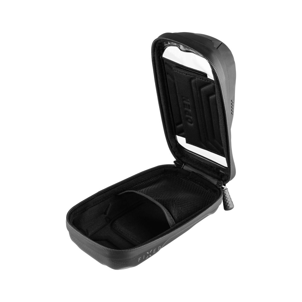 Eine schwarze, offene Telefontasche mit einer Netztasche und einem durchsichtigen Bildschirm.
