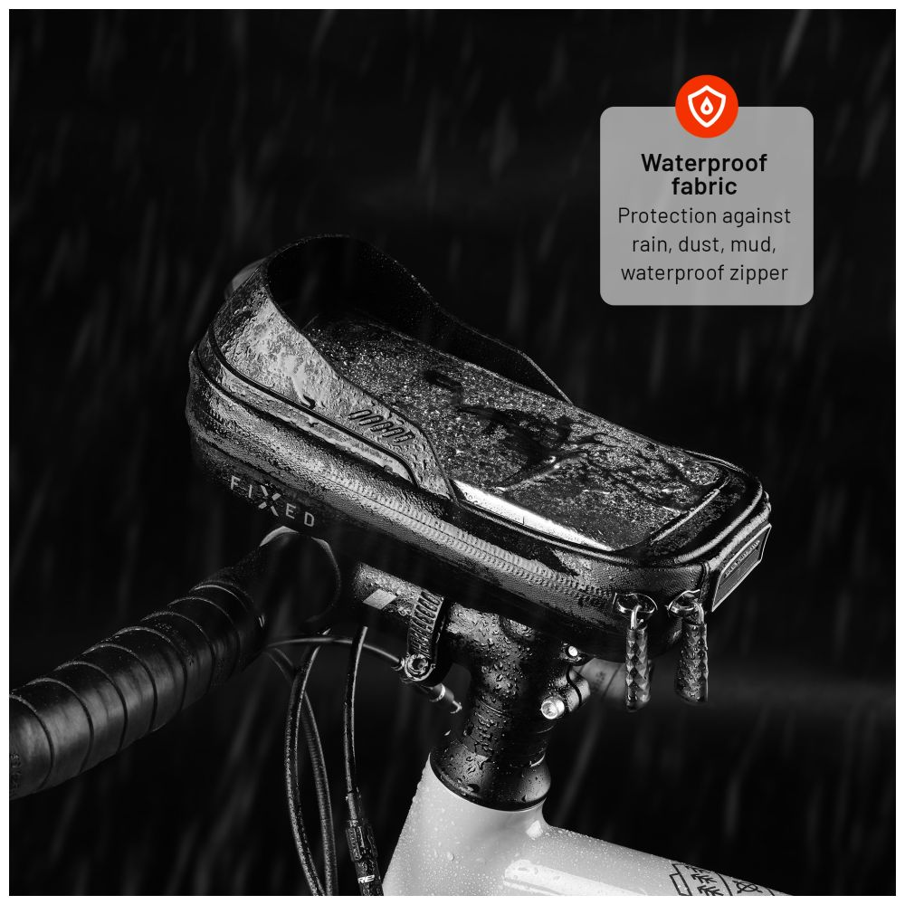 Schwarzer Fahrrad-Telefonhalter, am Lenker montiert, im Regen.