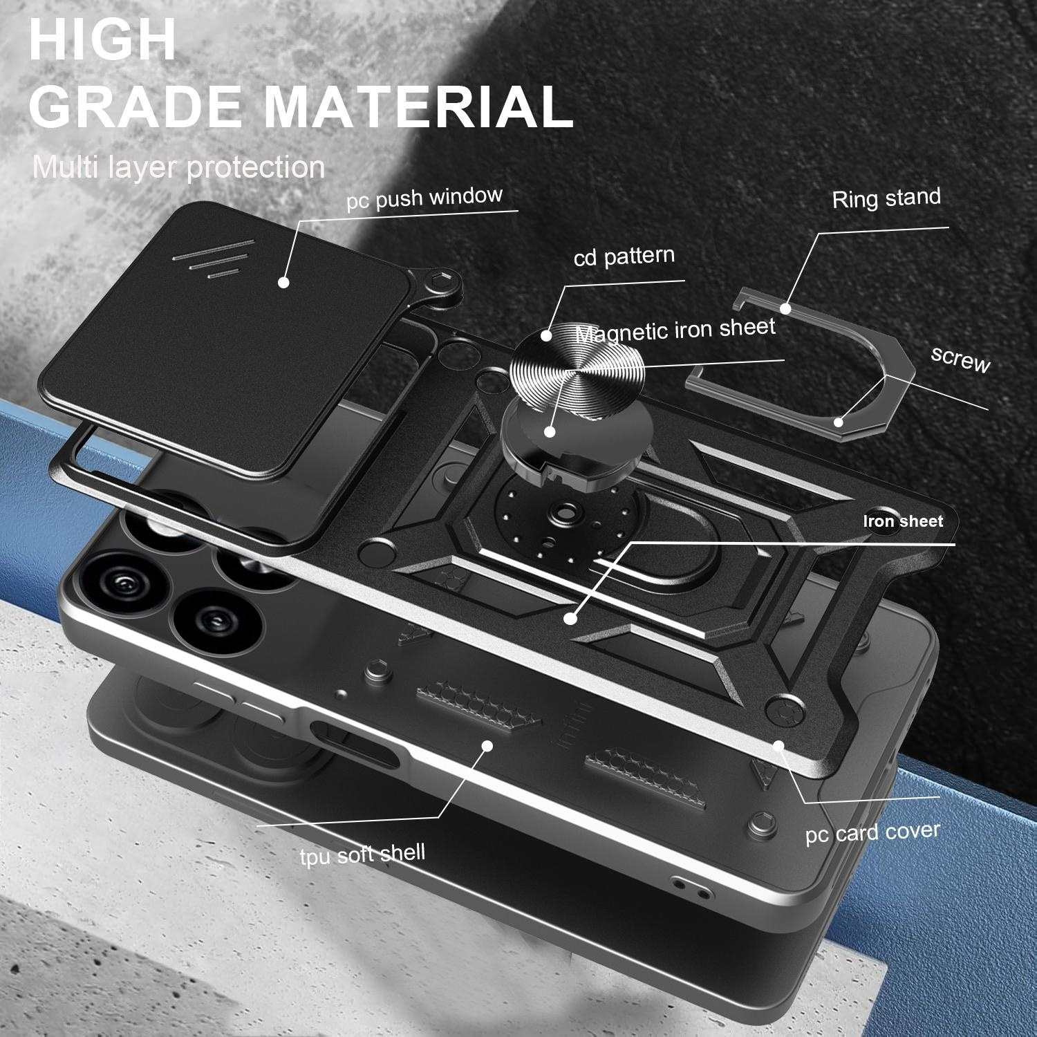 Schwarze Handyhülle mit Schichten, einschließlich Ringständer, über einem Telefon.