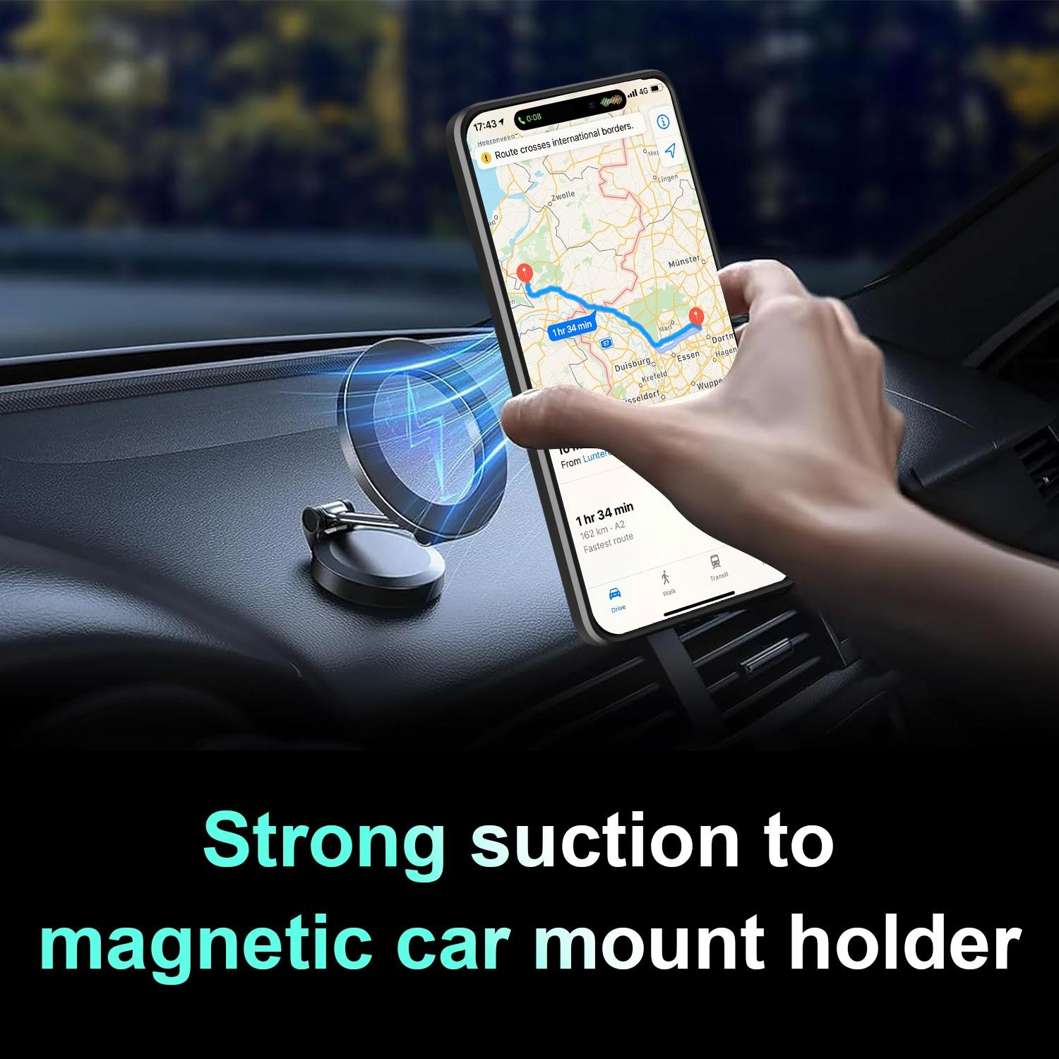 Ein Telefon, das an einem Armaturenbrett befestigt ist und eine Navigations-App zeigt. Das Telefon wird von einer magnetischen Halterung gehalten.