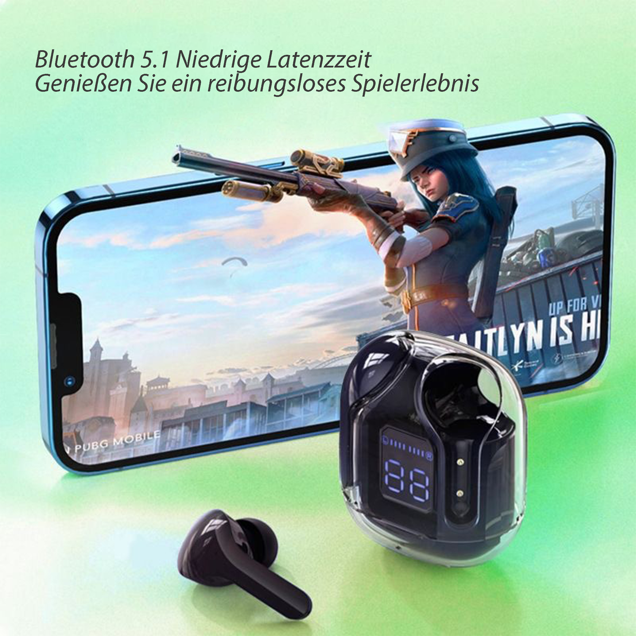 Smartphone zeigt eine Spielszene mit einer Figur. Kabellose Ohrhörer im Ladeetui sind sichtbar.