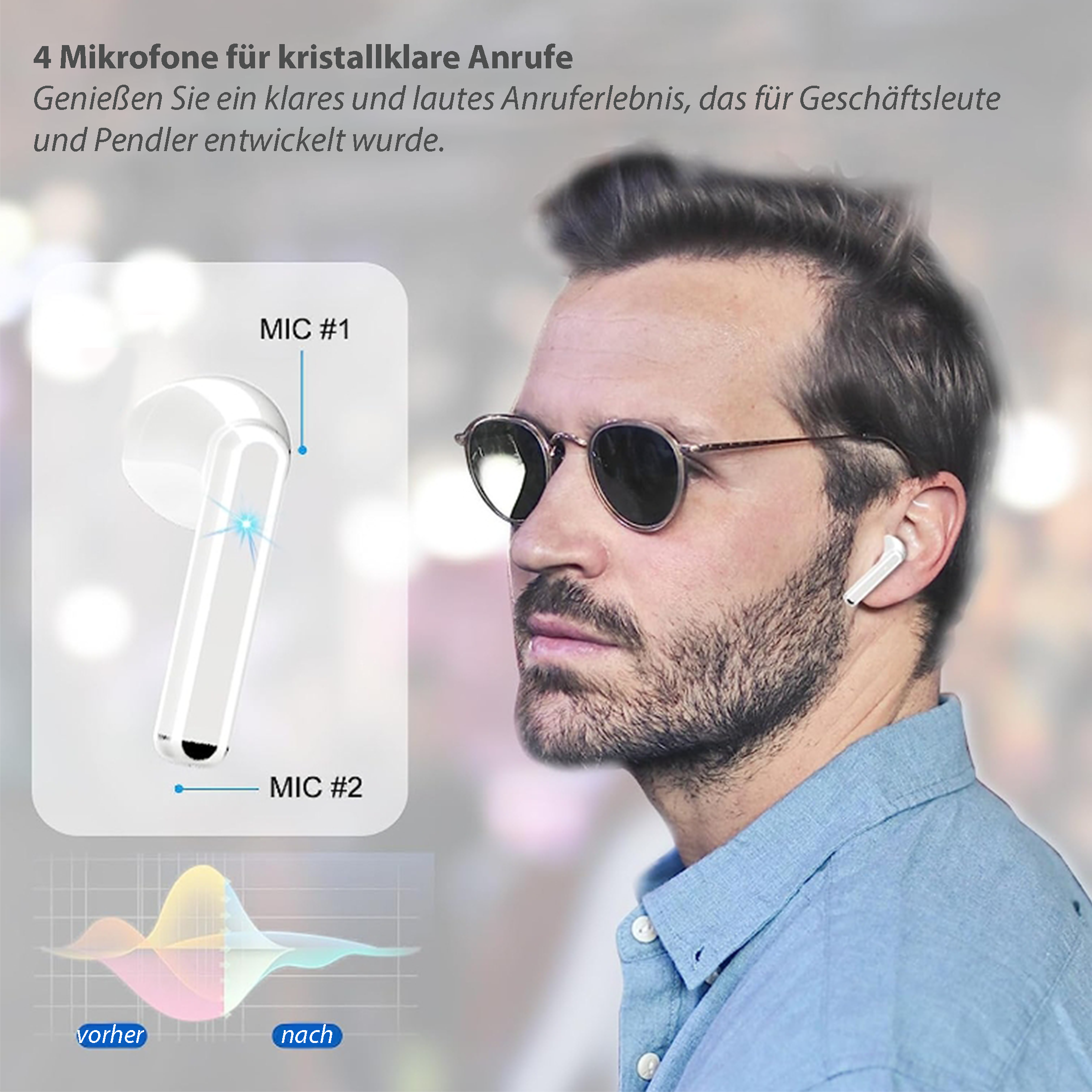 Ein Mann mit Sonnenbrille und Ohrhörern, mit einer Grafik, die Schallwellenänderungen zeigt.
