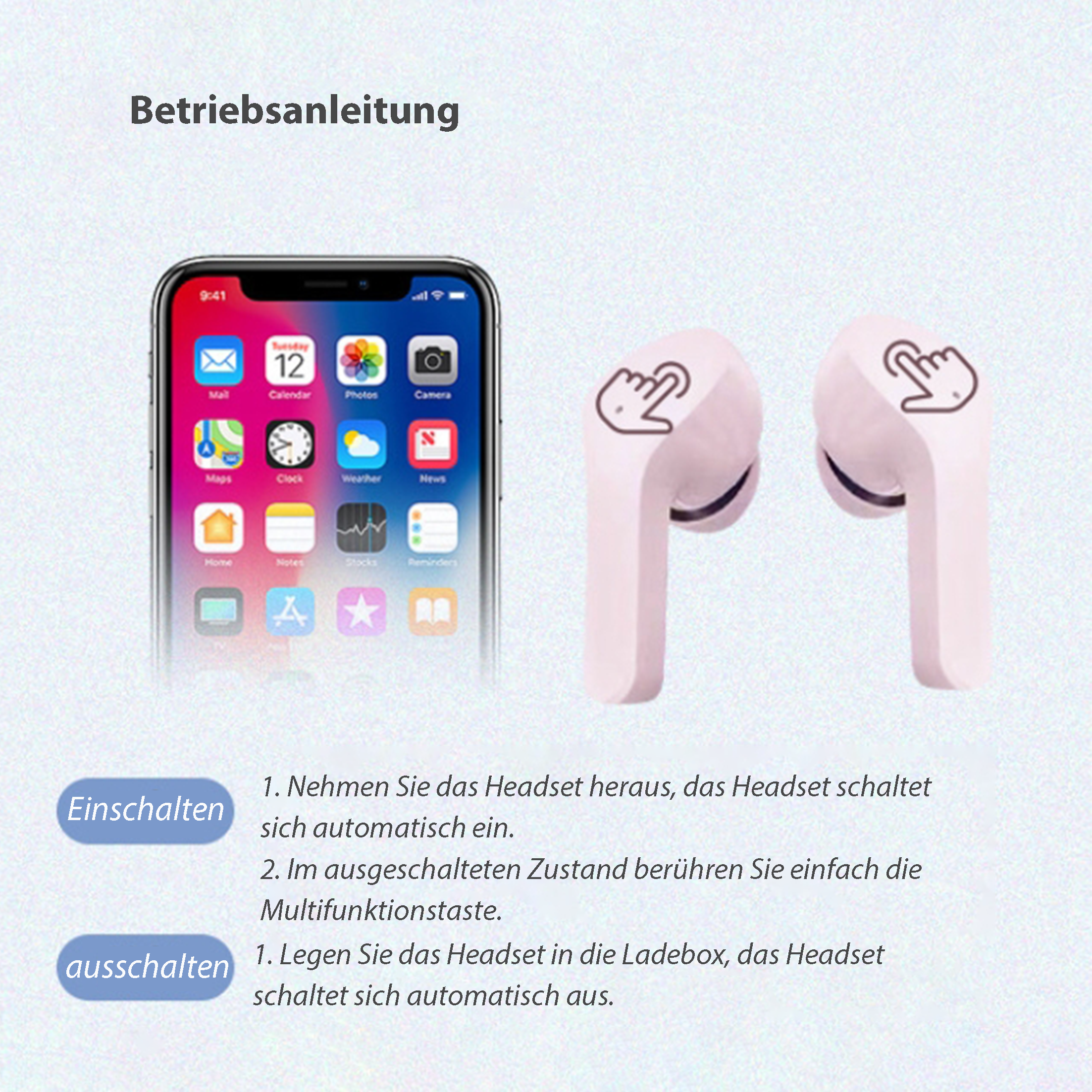 Das Bild zeigt Telefon, Ohrhörer und Anweisungen. Die Ohrhörer sind pink. Das Telefon zeigt einen App-Bildschirm.
