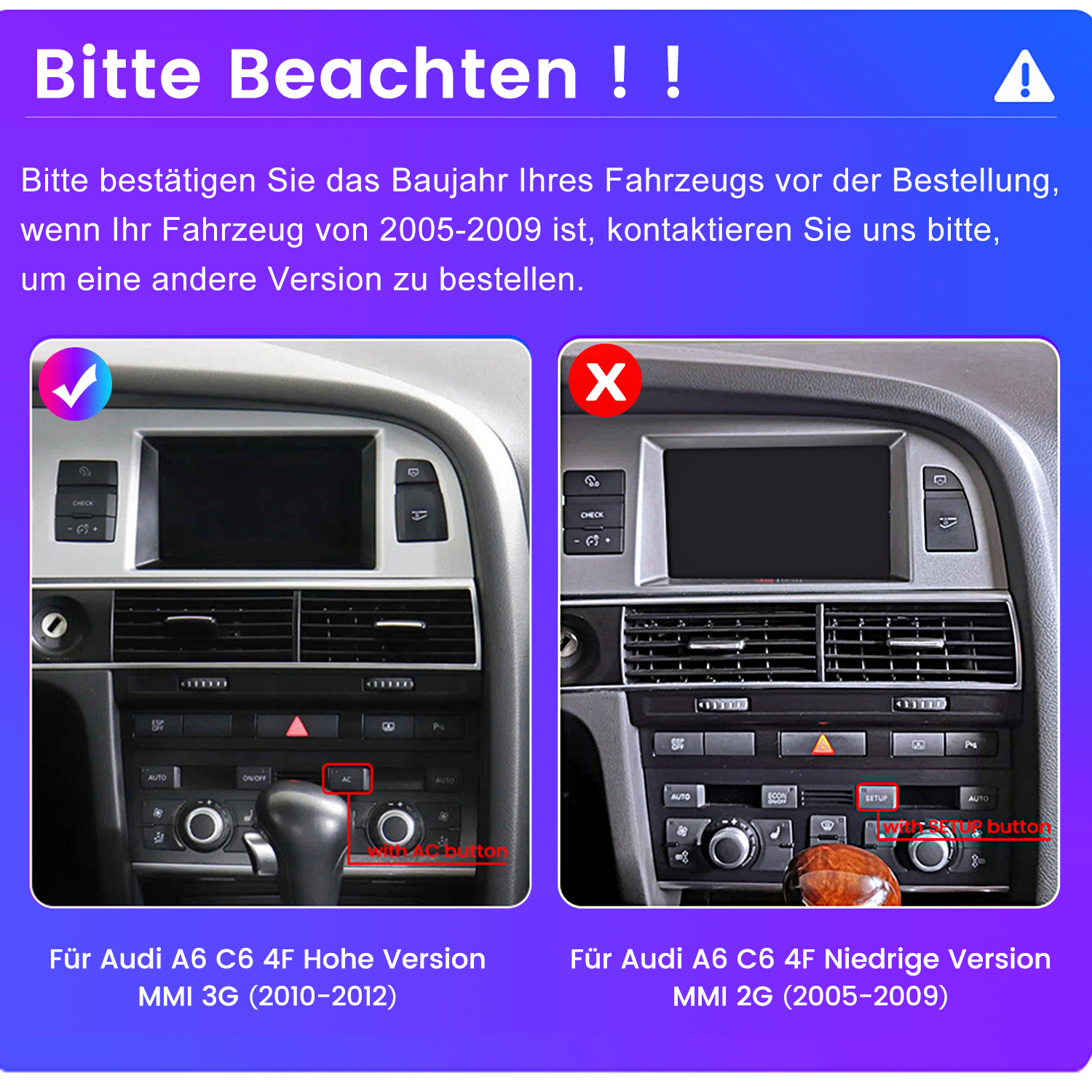 Zwei Armaturenbretter von Autos werden gezeigt. Eines hat ein Häkchen, das andere ein X.