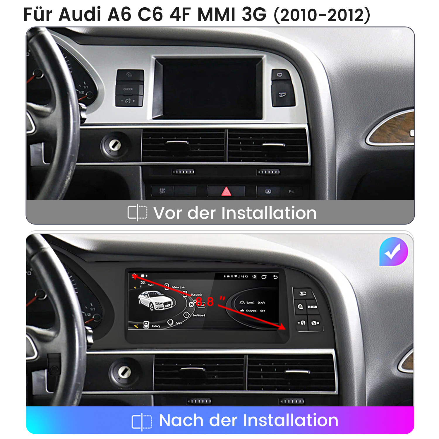 Zwei Bilder, die das Armaturenbrett des Autos vor und nach der Installation eines neuen Displays zeigen.