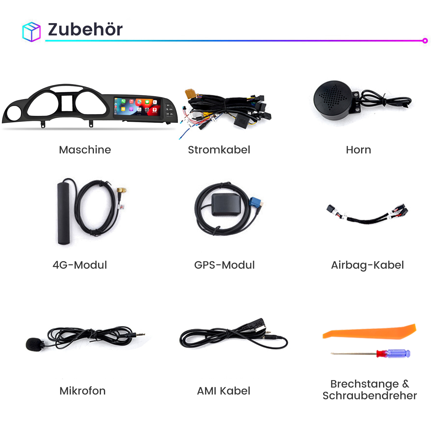 Neun Auto-Audioteile sind auf weißem Hintergrund angeordnet. Der Text ist auf Deutsch.