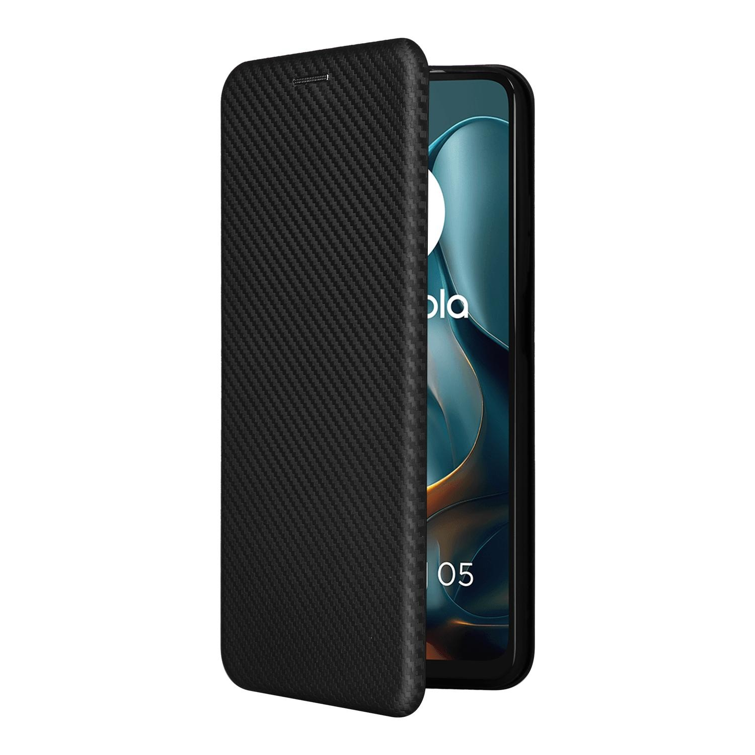 Schwarze Handyhülle mit Carbonfaser-Textur, offen. Telefonbildschirm sichtbar. Weißer Hintergrund.