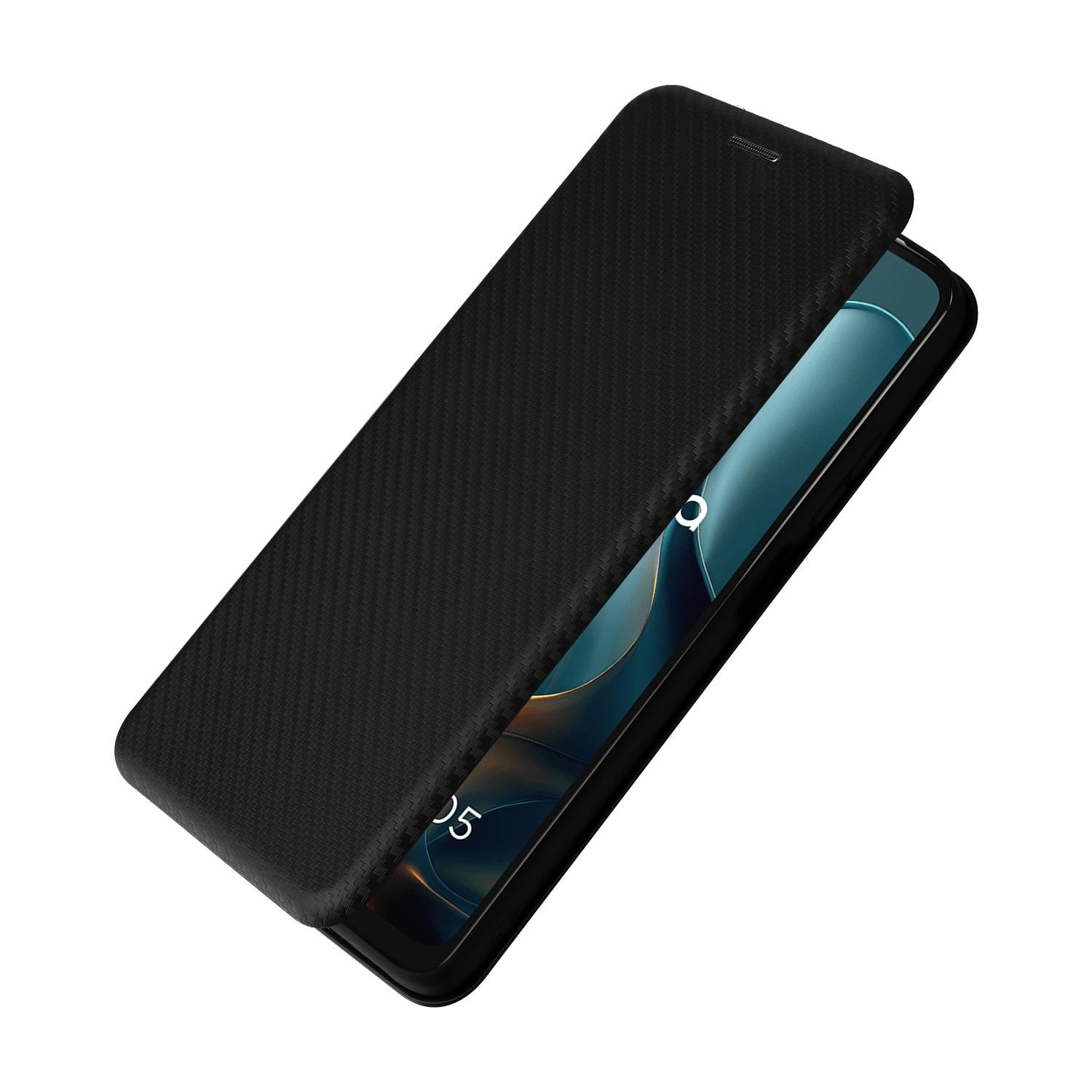 Schwarze Handyhülle, geöffnet, um ein Smartphone mit blauem und weißem Bildschirm anzuzeigen.