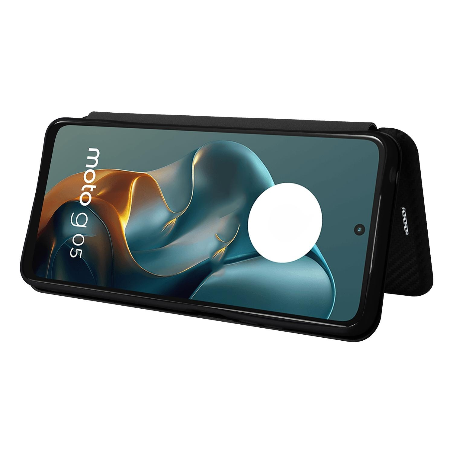 Schwarze Handyhülle mit Telefon, das den Bildschirm zeigt. Die Hülle ist offen.