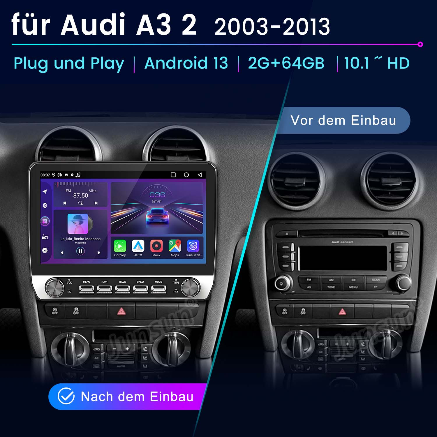 Auto-Multimedia-System vor und nach der Installation. Zeigt einen Bildschirm mit Navigation.