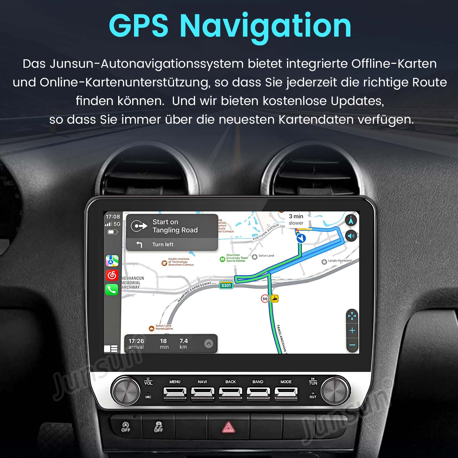 Armaturenbrett des Autos mit GPS-Navigationsbildschirm, der eine Karte und Fahrinformationen anzeigt.