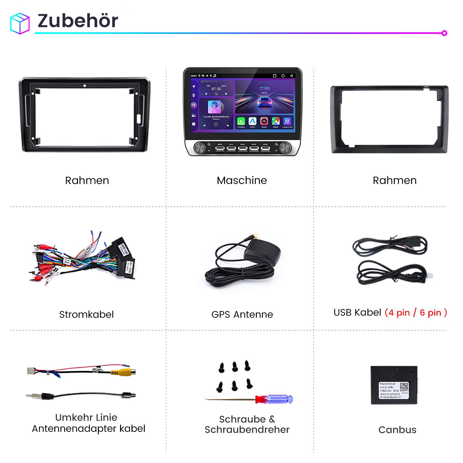 Zubehör: Rahmen, Maschine, Kabel, Antenne und Schrauben auf weißem Hintergrund.