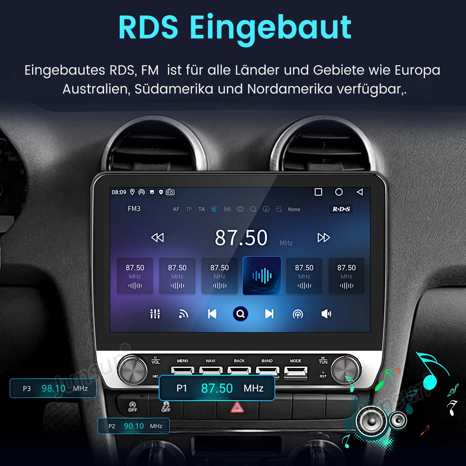 Ein Autoradio-Bildschirm, der Radiodaten anzeigt. Der Bildschirm zeigt Zeit, Sender und andere Bedienelemente.