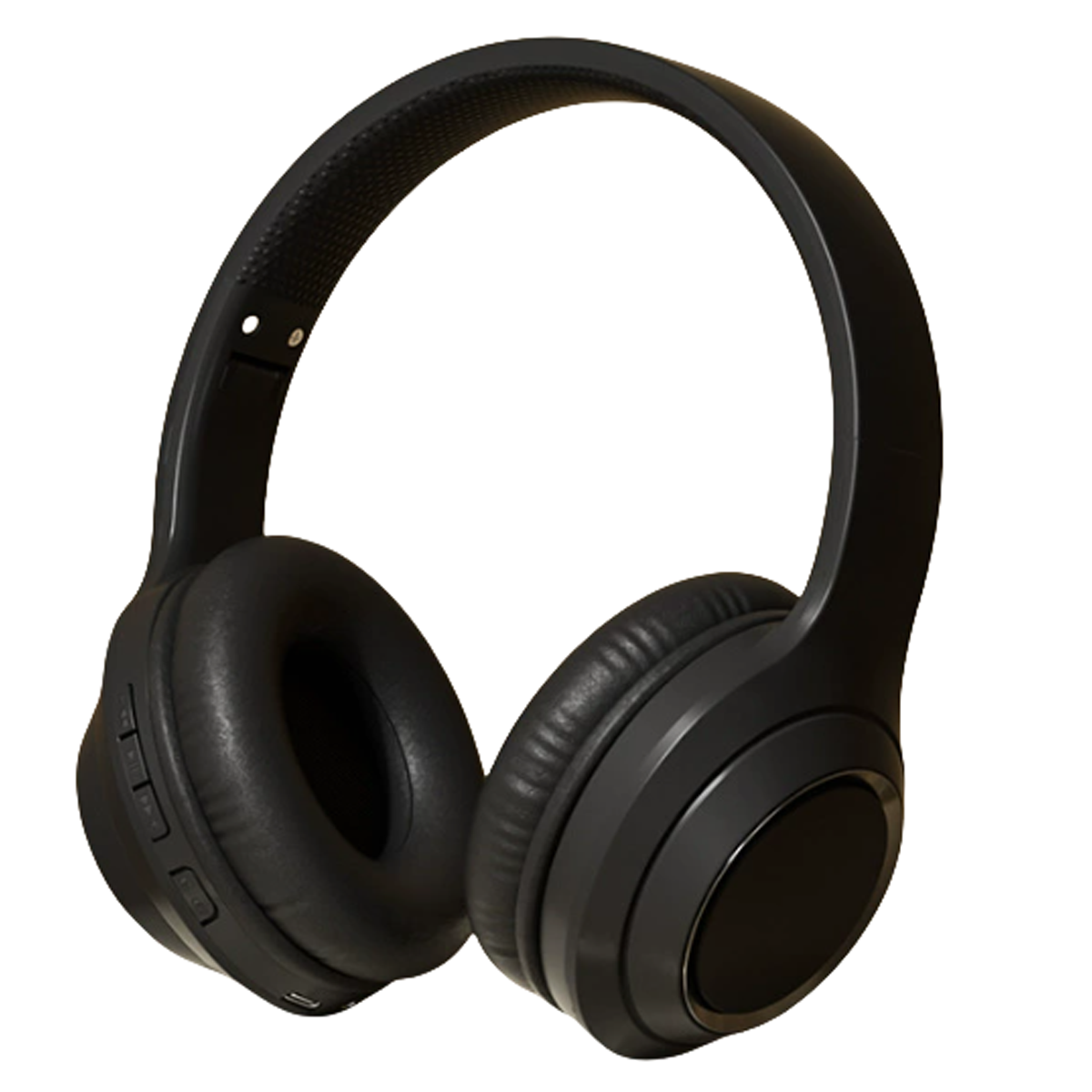 Schwarze Over-Ear-Kopfhörer mit weichen Ohrmuscheln und Knöpfen an der linken Ohrmuschel.