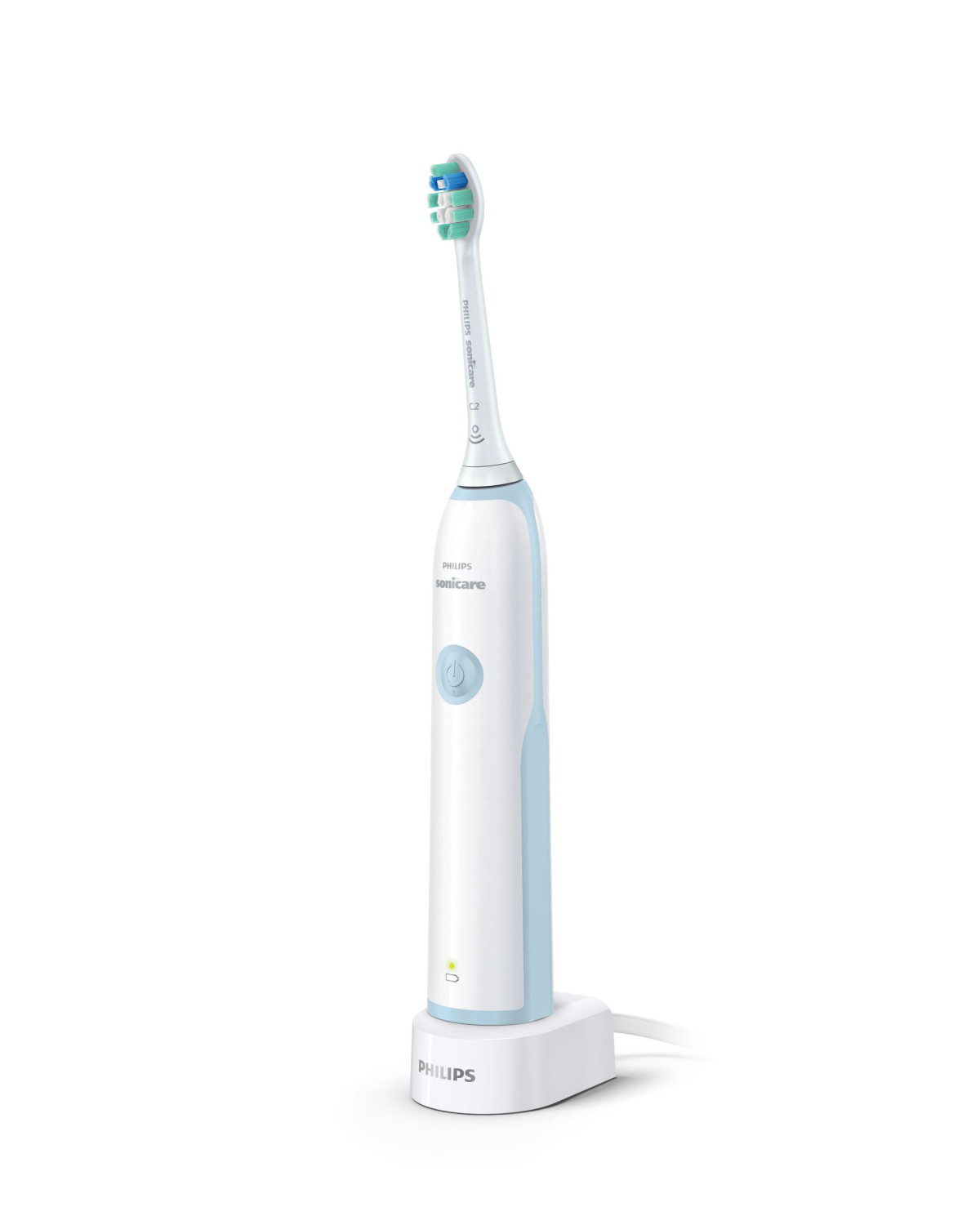 Un cepillo de dientes eléctrico en una base de carga. Es blanco y azul.