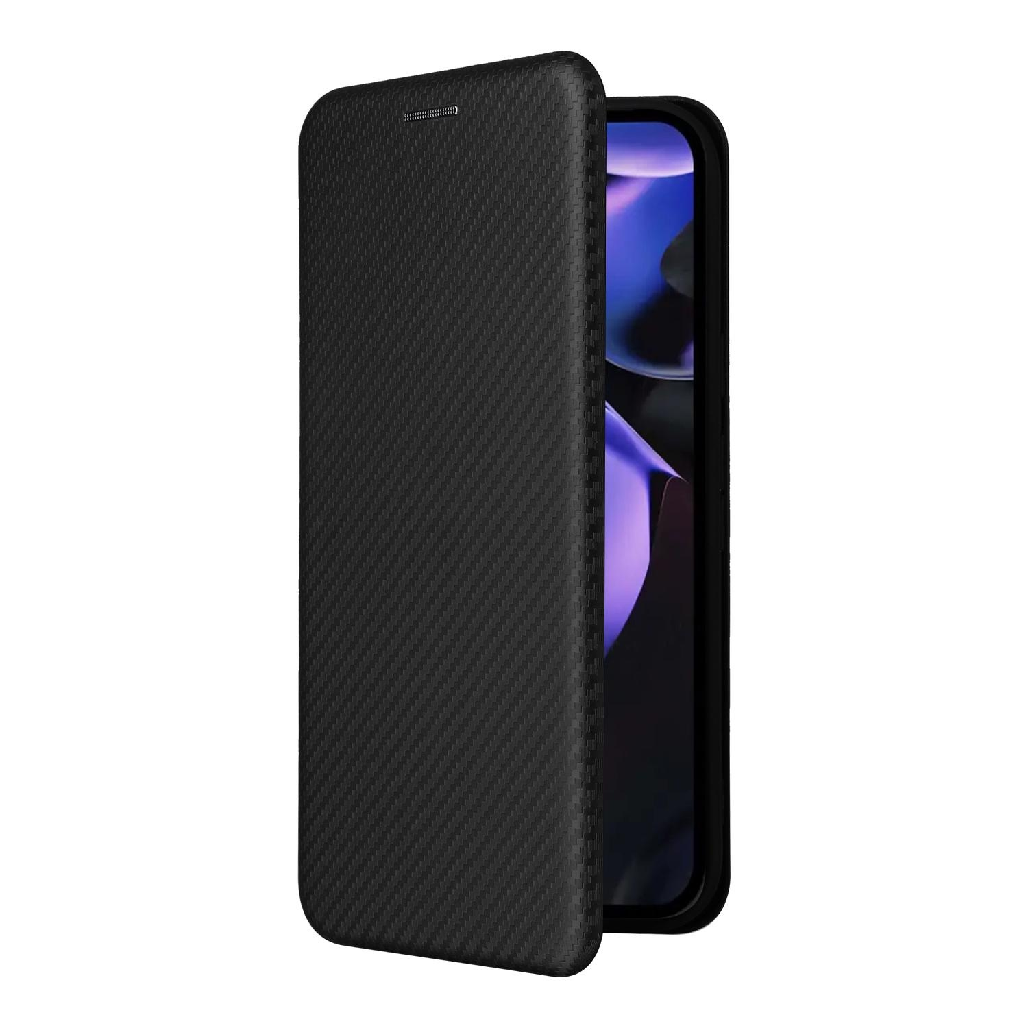 Schwarzes Handy mit einer Carbonfaser-Hülle, die teilweise geöffnet ist.