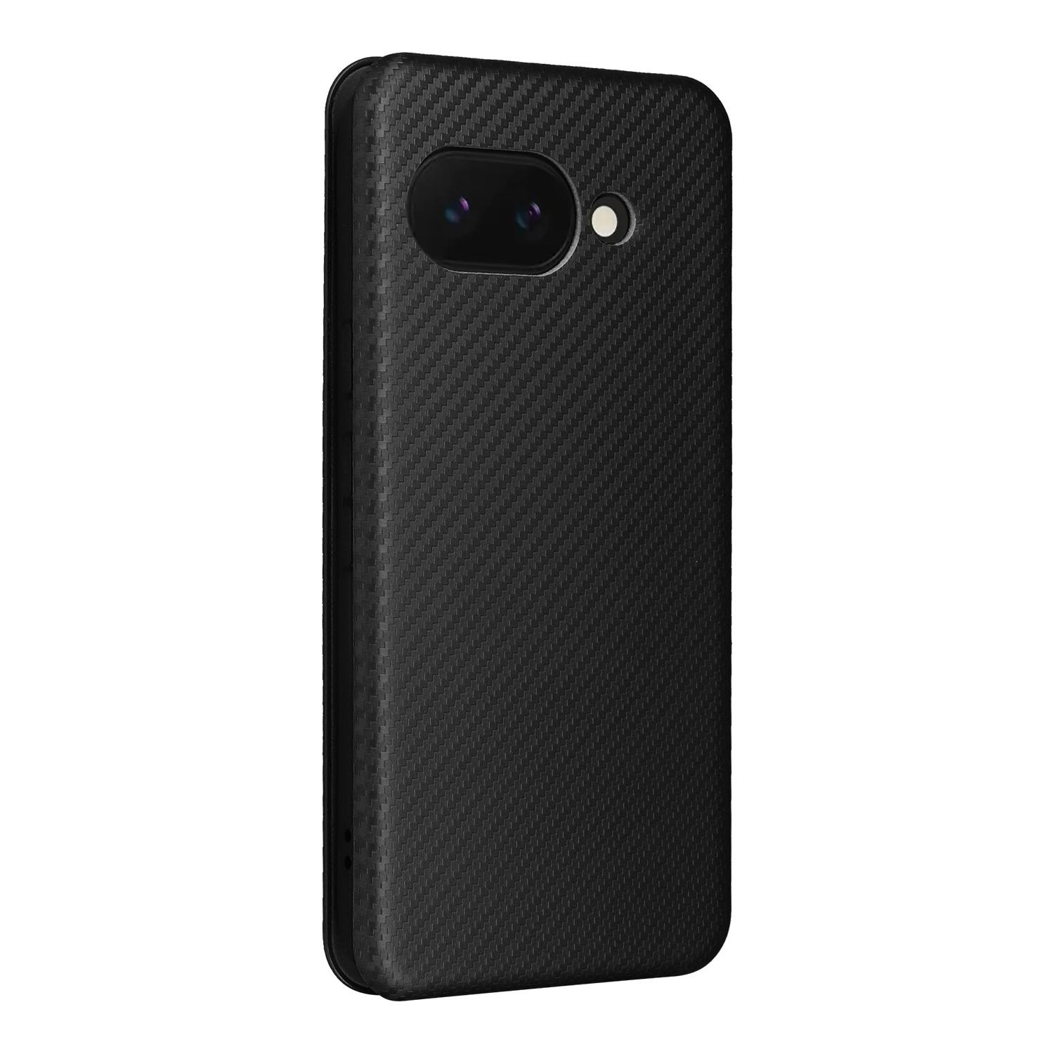 Schwarzes Handy mit Carbon-Textur-Rückseite und zwei Kameras.