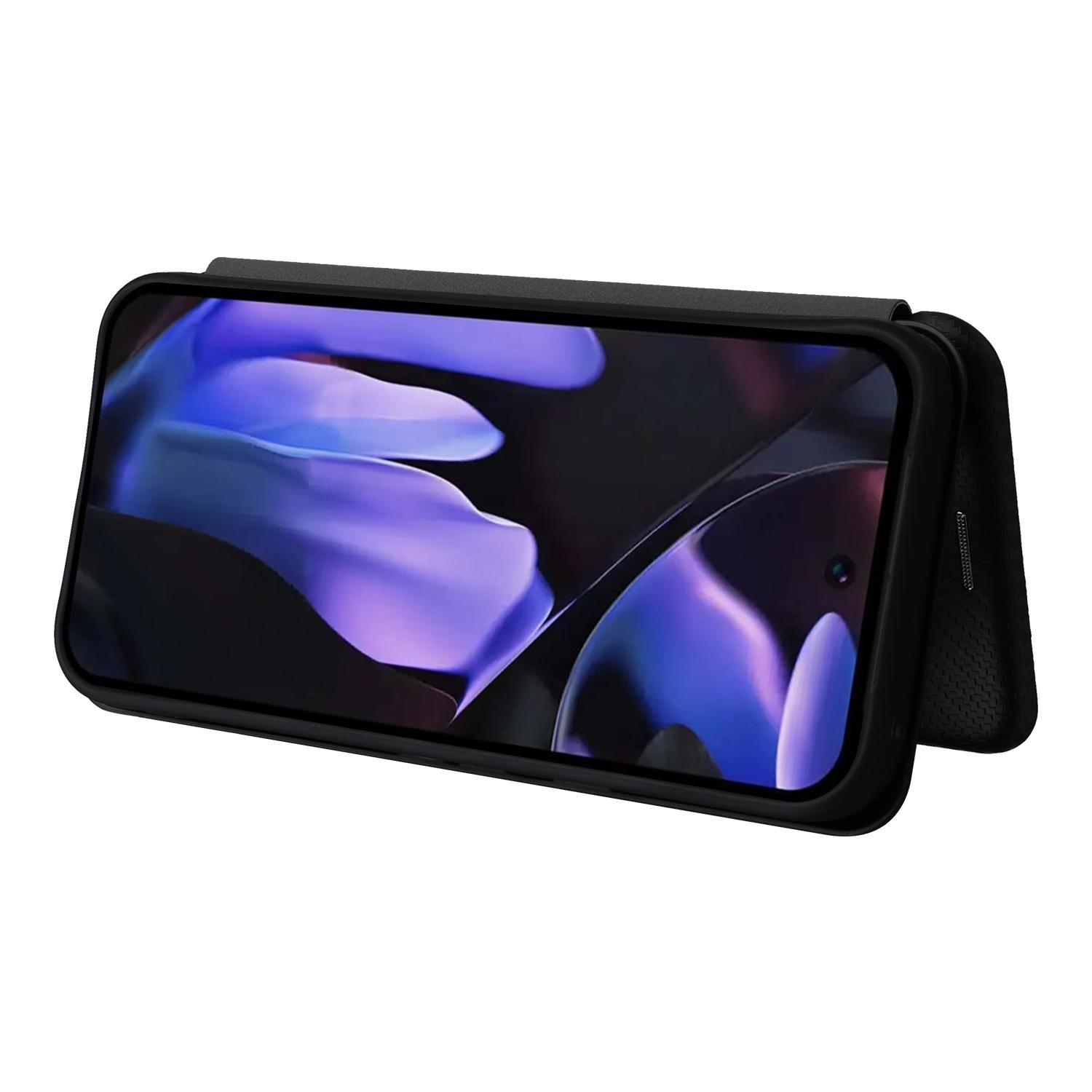 Ein schwarzes Flip-Cover für ein Smartphone mit einem lila und blauen Hintergrundbild.